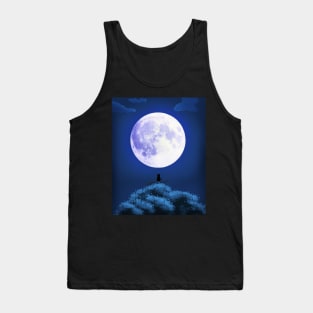 Cat Staring at the Bright Moon Anime Background Landscape Tank Top